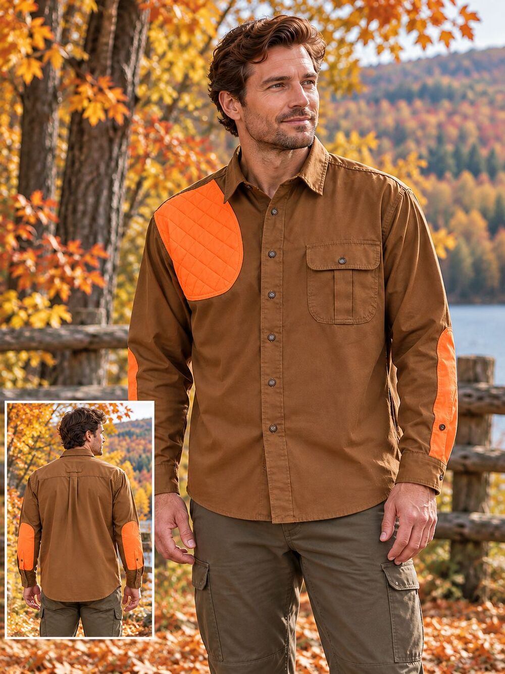 Sierra Trading Post Mens XL Hunting Shirt Brown Blaze Orange Shooting Patch NWOT